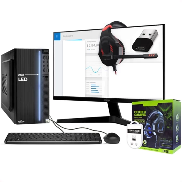 Computador Completo Intel Core i5 16GB SSD 256GB + Headset + Adaptador USB-C Monitor 19" 4 Núcleos Super Turbo Pc Hdmi Teclado e Mouse Strong Tech