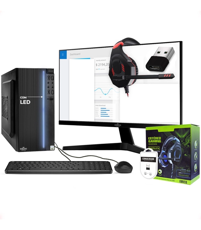 Computador Completo Intel Core i5 16GB SSD 256GB + Headset + Adaptador USB-C Monitor 19" 4 Núcleos Super Turbo Pc Hdmi Teclado e Mouse Strong Tech